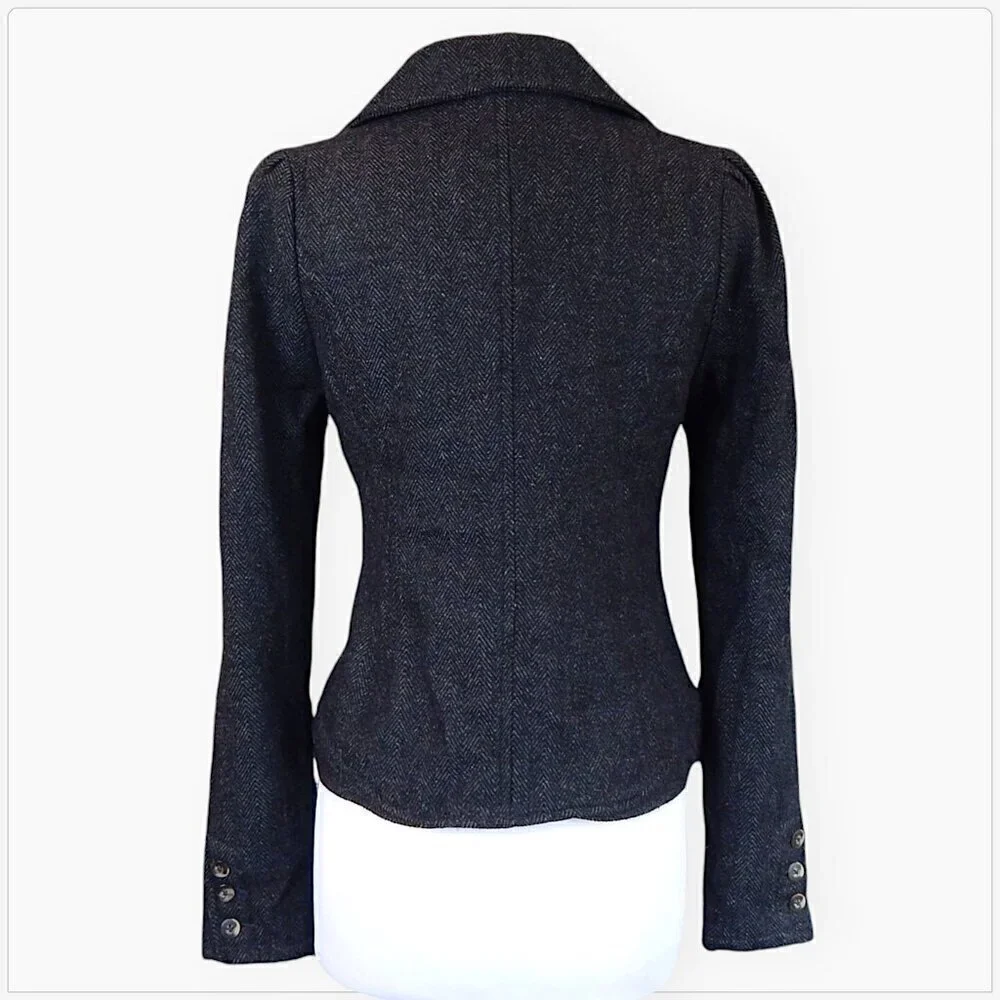 Free People Charcoal Gray Herringbone Tweed Puff Sleeve Jacket Blazer Coat 4